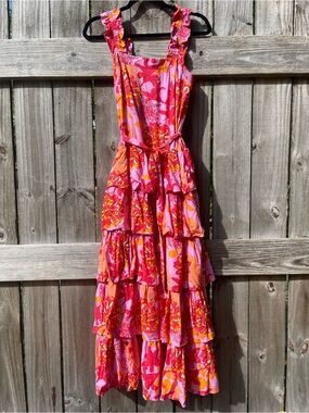entro Pink & Orange Floral Tiered Ruffle Strap Maxi Dress Sz S